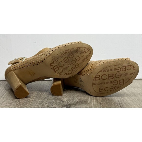 BCBGeneration Booties 8.5 Beige Leather Peep Toe Heeled Ankle Boots Cutout Shoes - Picture 6 of 7